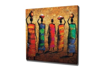 Lerretsbilde - Fem kvinner i fargerike kjoler som bærer potter på hodet - Rød / Grønn / Blå - Interiør - Maleri & posters - Lerretsbilder