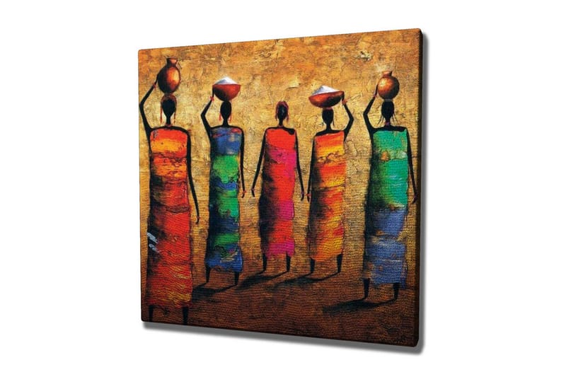 Lerretsbilde - Fem kvinner i fargerike kjoler som bærer potter på hodet, Rød / Grønn / Blå