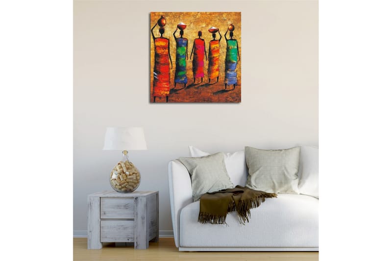 Lerretsbilde - Fem kvinner i fargerike kjoler som bærer potter på hodet - Rød / Grønn / Blå - Interiør - Maleri & posters - Lerretsbilder