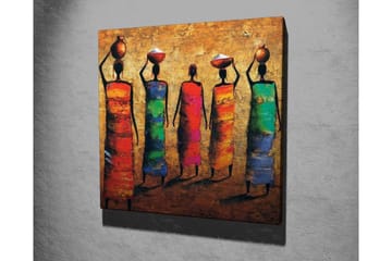 Lerretsbilde - Fem kvinner i fargerike kjoler som bærer potter på hodet - Rød / Grønn / Blå - Interiør - Maleri & posters - Lerretsbilder