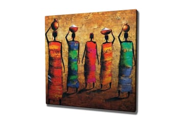 Lerretsbilde - Fem kvinner i fargerike kjoler som bærer potter på hodet - Rød / Grønn / Blå - Interiør - Maleri & posters - Lerretsbilder