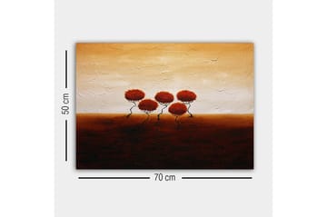 Lerretsbilde - Fem stiliserte trær med rødlig løvverk mot en varm, gyllen bakgrunn - Rød / Brun / Beige - Interiør - Maleri & posters - Lerretsbilder