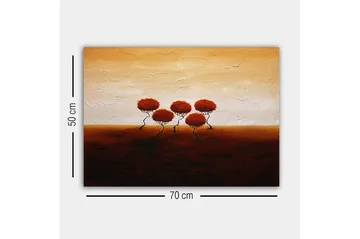 Lerretsbilde - Fem stiliserte trær med rødlig løvverk mot en varm, gyllen bakgrunn - Rød / Brun / Beige - Interiør - Maleri & posters - Lerretsbilder