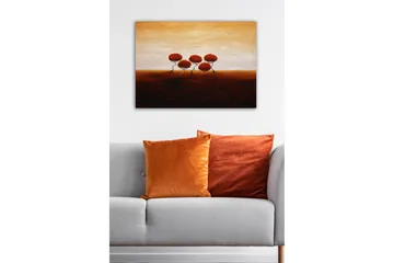 Lerretsbilde - Fem stiliserte trær med rødlig løvverk mot en varm, gyllen bakgrunn - Rød / Brun / Beige - Interiør - Maleri & posters - Lerretsbilder