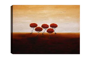Lerretsbilde - Fem stiliserte trær med rødlig løvverk mot en varm, gyllen bakgrunn - Rød / Brun / Beige - Interiør - Maleri & posters - Lerretsbilder
