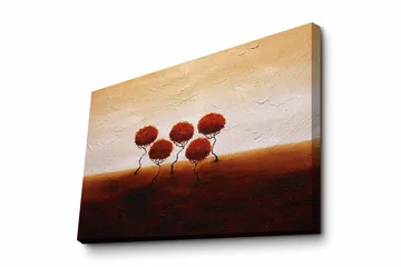 Lerretsbilde - Fem stiliserte trær med runde, røde kroner på en mykt bølgende bakgrunn - Rød / Brun / Beige - Interiør - Maleri & posters - Lerretsbilder