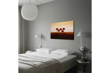 Lerretsbilde - Fem stiliserte trær med runde, røde kroner på en mykt bølgende bakgrunn - Rød / Brun / Beige - Interiør - Maleri & posters - Lerretsbilder