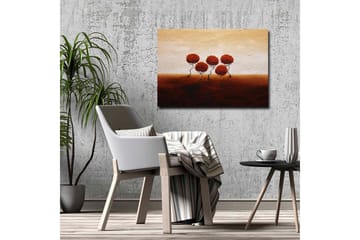 Lerretsbilde - Fem stiliserte trær med runde, røde kroner på en mykt bølgende bakgrunn - Rød / Brun / Beige - Interiør - Maleri & posters - Lerretsbilder