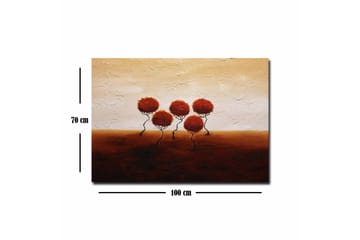 Lerretsbilde - Fem stiliserte trær med runde, røde kroner på en mykt bølgende bakgrunn - Rød / Brun / Beige - Interiør - Maleri & posters - Lerretsbilder