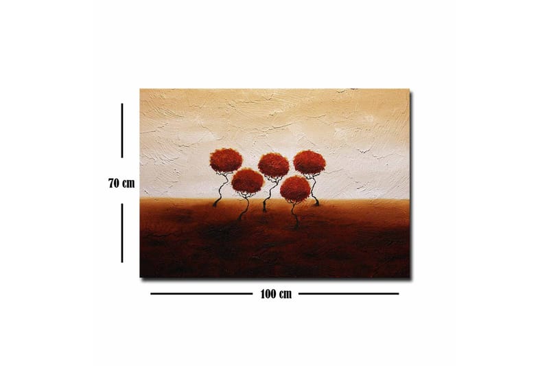 Lerretsbilde - Fem stiliserte trær med runde, røde kroner på en mykt bølgende bakgrunn - Rød / Brun / Beige - Interiør - Maleri & posters - Lerretsbilder