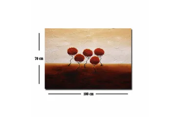 Lerretsbilde - Fem stiliserte trær med runde, røde kroner på en mykt bølgende bakgrunn - Rød / Brun / Beige - Interiør - Maleri & posters - Lerretsbilder