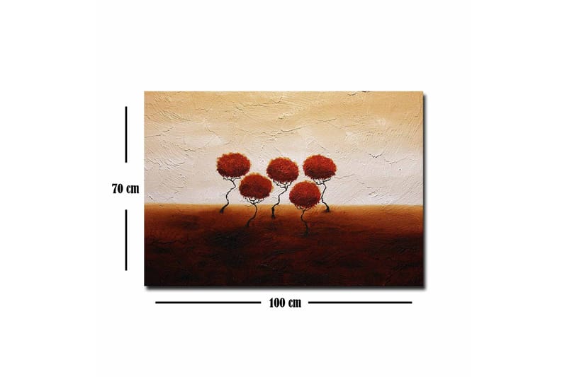 Lerretsbilde - Fem stiliserte trær med runde, røde kroner på en mykt bølgende bakgrunn - Rød / Brun / Beige - Interiør - Maleri & posters - Lerretsbilder