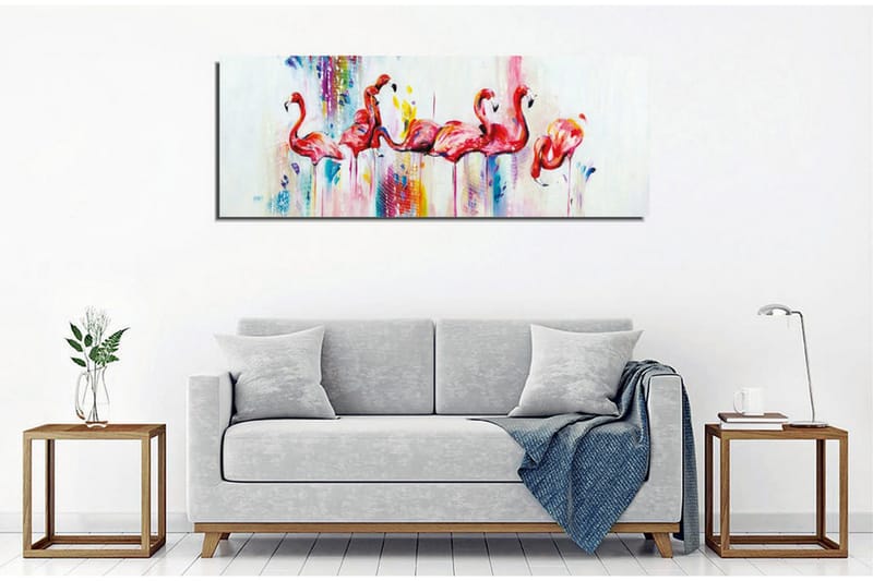 Lerretsbilde - Flamingoer i sterke farger - Rosa / Blå / Gul - Interiør - Maleri & posters - Lerretsbilder