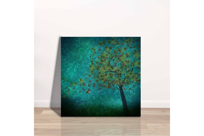 Lerretsbilde - Frodige trær med sommerfugler i en abstrakt bakgrunn - Turkis / Grønn / Brun - Interiør - Maleri & posters - Lerretsbilder