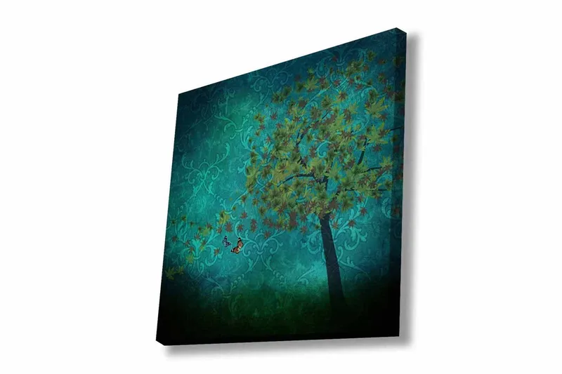 Lerretsbilde - Frodige trær med sommerfugler i en abstrakt bakgrunn, Turkis / Grønn / Brun