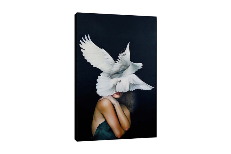 Lerretsbilde - Fugler som svever over en kvinne med bar skulder, Hvit / Svart / Hudfarge