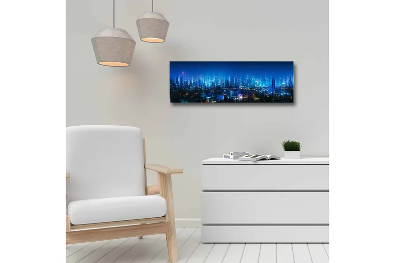 Lerretsbilde - Futuristisk bybilde med lyse skyskrapere - Mørk blå / Lys blå / Turkis - Interiør - Maleri & posters - Lerretsbilder