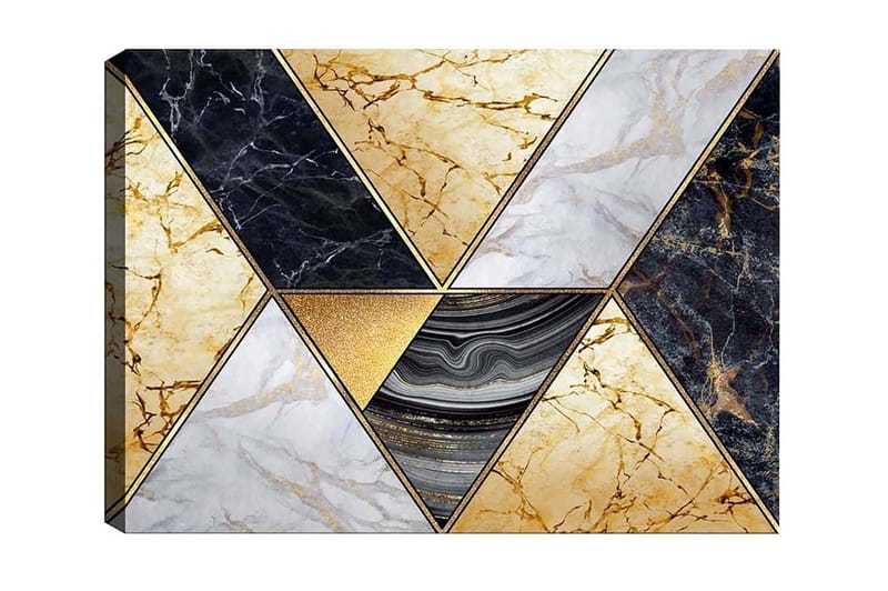 Lerretsbilde - Geometrisk komposisjon med marmorlignende trekanter i forskjellige farger, Gull / Svart / Hvit