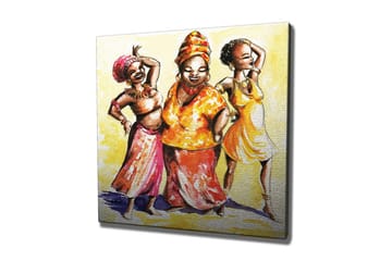 Lerretsbilde - Glade kvinner i fargerike klær som danser - Gul / Oransje / Rosa - Interiør - Maleri & posters - Lerretsbilder