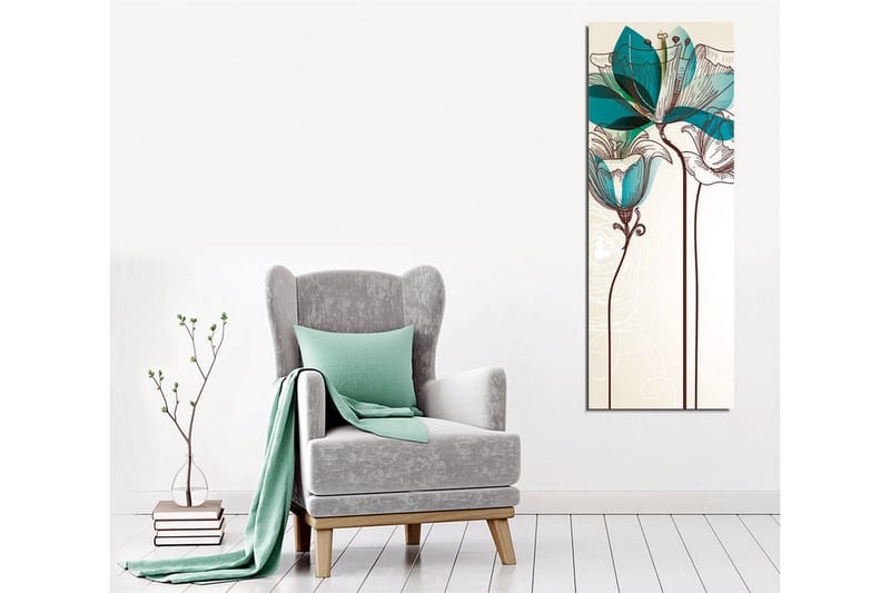 Lerretsbilde - Grafisk blomsterillustrasjon med turkise gjennomsiktige blader og brun linjetegning - Beige / Brun / Turkis - Interiør - Maleri & posters - Lerretsbilder