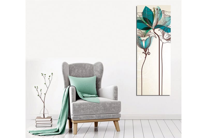 Lerretsbilde - Grafisk blomsterillustrasjon med turkise gjennomsiktige blader og brun linjetegning - Beige / Brun / Turkis - Interiør - Maleri & posters - Lerretsbilder