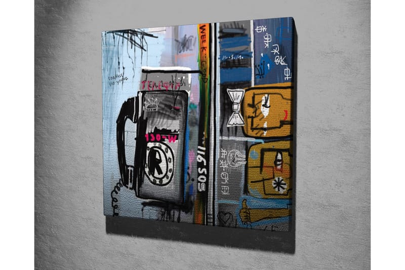 Lerretsbilde - Grafisk komposisjon med telefon og abstrakte figurer - Blå / Svart / Gul - Interiør - Maleri & posters - Lerretsbilder