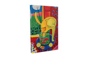 Lerretsbilde - Gul katt som leker med en glasskrukke med fisk - Gul / Grønn / Rød - Interiør - Maleri & posters - Lerretsbilder