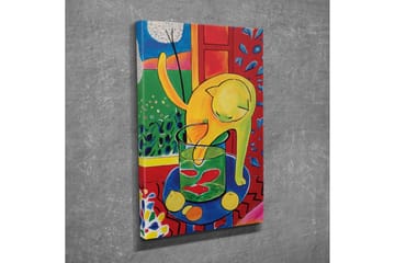 Lerretsbilde - Gul katt som leker med en glasskrukke med fisk - Gul / Grønn / Rød - Interiør - Maleri & posters - Lerretsbilder