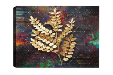 Lerretsbilde - Gyldne kvister av løvverk mot en fargerik bakgrunn - Gull / Mørk blå / Grønn - Interiør - Maleri & posters - Lerretsbilder