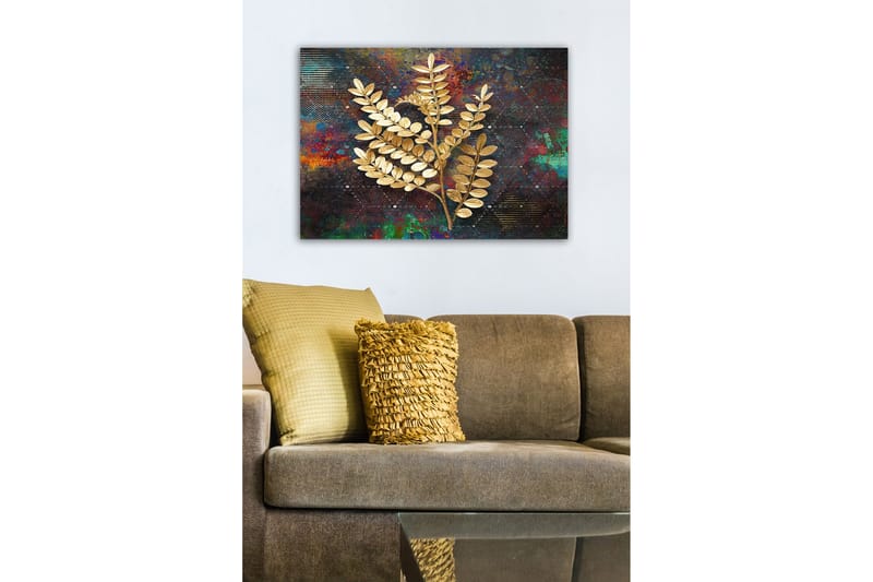 Lerretsbilde - Gyldne kvister av løvverk mot en fargerik bakgrunn - Gull / Mørk blå / Grønn - Interiør - Maleri & posters - Lerretsbilder