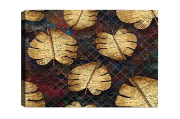 Lerretsbilde - Gyldne monsterablader mot en mørk bakgrunn - Gull / Mørk blå / Rød - Interiør - Maleri & posters - Lerretsbilder