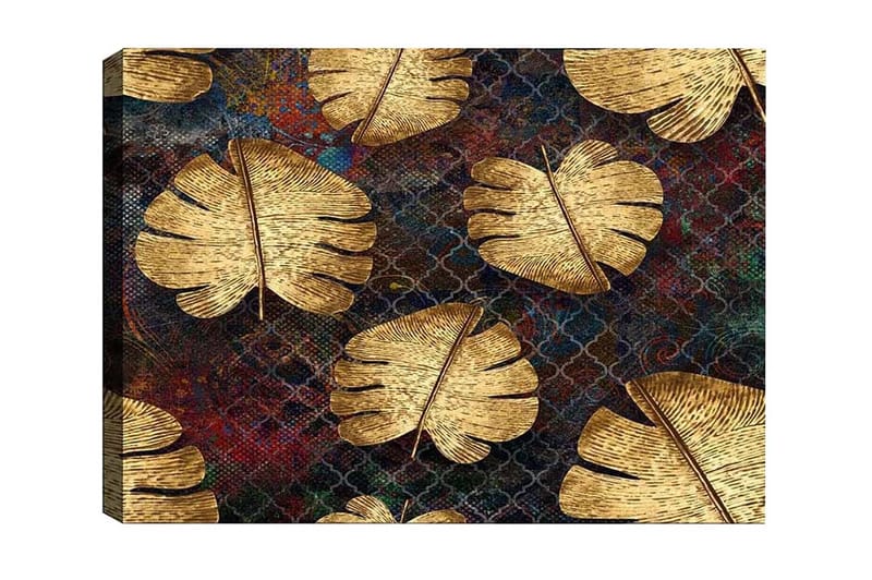 Lerretsbilde - Gyldne monsterablader mot en mørk bakgrunn, Gull / Mørk blå / Rød