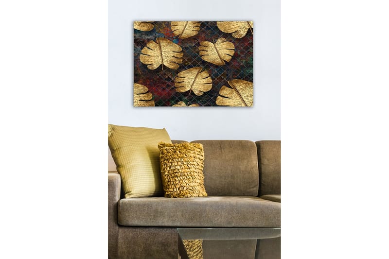 Lerretsbilde - Gyldne monsterablader mot en mørk bakgrunn - Gull / Mørk blå / Rød - Interiør - Maleri & posters - Lerretsbilder