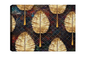 Lerretsbilde - Gylne blader i et mønstret arrangement - Gull / Mørk blå / Grønn - Interiør - Maleri & posters - Lerretsbilder