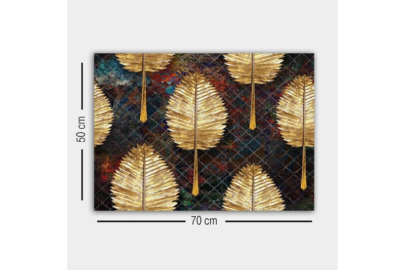 Lerretsbilde - Gylne blader i et mønstret arrangement - Gull / Mørk blå / Grønn - Interiør - Maleri & posters - Lerretsbilder