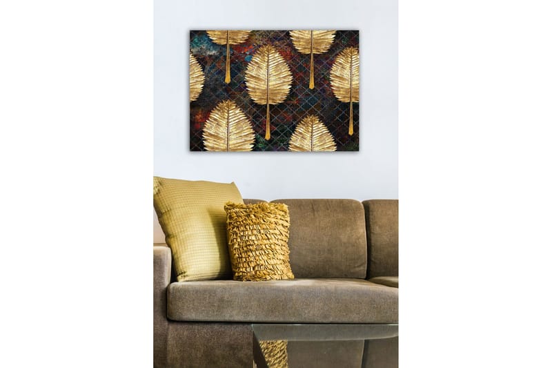 Lerretsbilde - Gylne blader i et mønstret arrangement - Gull / Mørk blå / Grønn - Interiør - Maleri & posters - Lerretsbilder