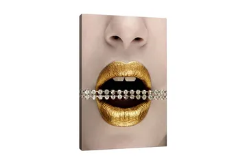 Lerretsbilde - Gylne lepper med en glitrende kjede mellom tennene - Gull / Svart / Sølv - Interiør - Maleri & posters - Lerretsbilder