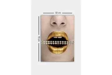 Lerretsbilde - Gylne lepper med en glitrende kjede mellom tennene - Gull / Svart / Sølv - Interiør - Maleri & posters - Lerretsbilder
