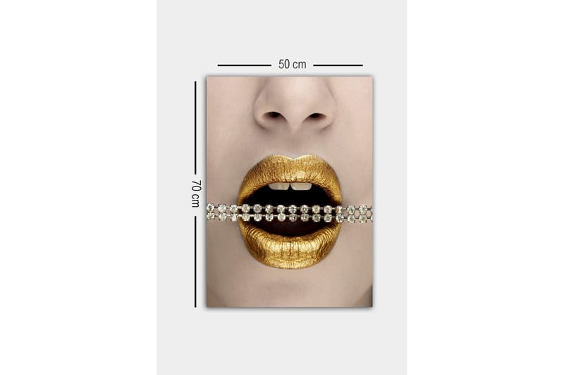 Lerretsbilde - Gylne lepper med en glitrende kjede mellom tennene - Gull / Svart / Sølv - Interiør - Maleri & posters - Lerretsbilder