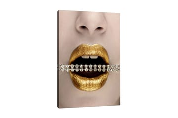 Lerretsbilde - Gylne lepper med en glitrende kjede mellom tennene - Gull / Svart / Sølv - Interiør - Maleri & posters - Lerretsbilder