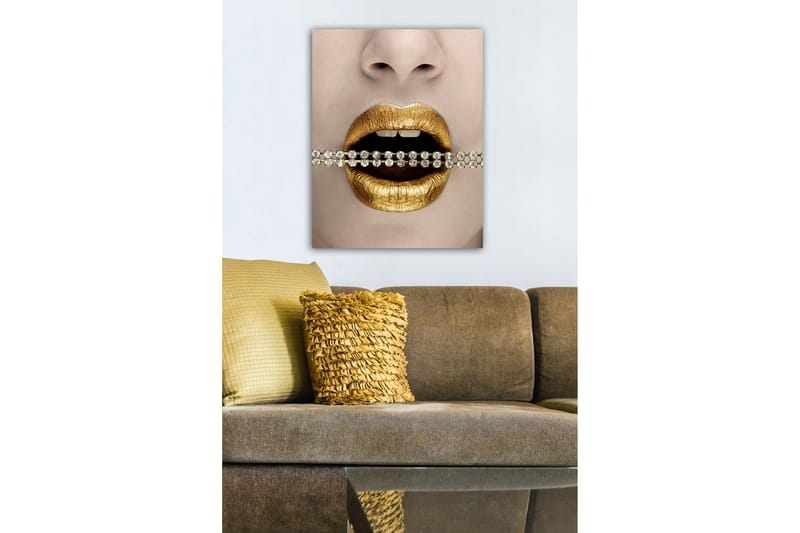 Lerretsbilde - Gylne lepper med en glitrende kjede mellom tennene - Gull / Svart / Sølv - Interiør - Maleri & posters - Lerretsbilder