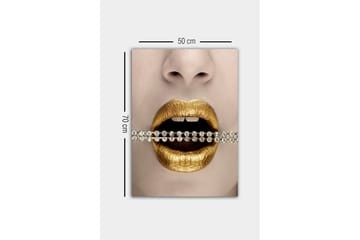 Lerretsbilde - Gylne lepper med en glitrende kjede mellom tennene - Gull / Svart / Sølv - Interiør - Maleri & posters - Lerretsbilder