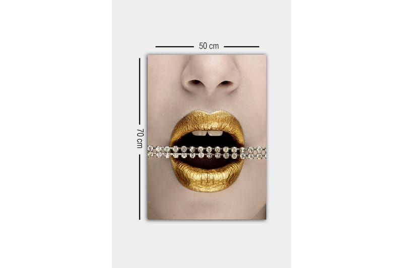 Lerretsbilde - Gylne lepper med en glitrende kjede mellom tennene - Gull / Svart / Sølv - Interiør - Maleri & posters - Lerretsbilder