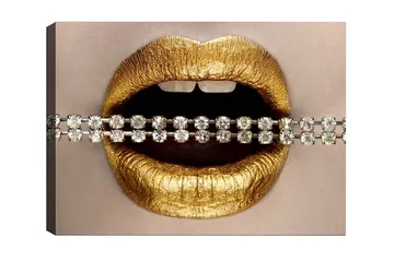 Lerretsbilde - Gylne lepper med glitrende kjede - Gull / Sølv - Interiør - Maleri & posters - Lerretsbilder