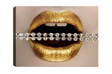 Lerretsbilde - Gylne lepper med glitrende kjede - Gull / Sølv - Interiør - Maleri & posters - Lerretsbilder