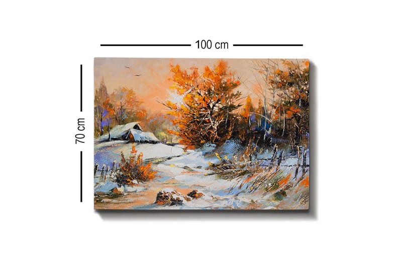 Lerretsbilde - Høstlandskap med et ensomt hus og fargerike trær - Oransje / Hvit / Blå - Interiør - Maleri & posters - Lerretsbilder