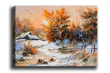 Lerretsbilde - Høstlandskap med et ensomt hus og fargerike trær - Oransje / Hvit / Blå - Interiør - Maleri & posters - Lerretsbilder