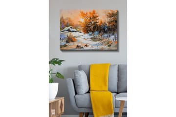 Lerretsbilde - Høstlandskap med et ensomt hus og fargerike trær - Oransje / Hvit / Blå - Interiør - Maleri & posters - Lerretsbilder