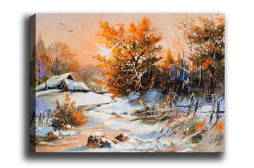 Lerretsbilde - Høstlandskap med et ensomt hus og fargerike trær - Oransje / Hvit / Blå - Interiør - Maleri & posters - Lerretsbilder
