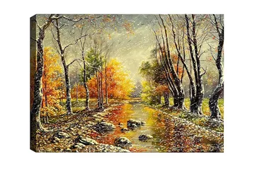 Lerretsbilde - Høstlandskap med fargerike trær og en speilblank elv - Oransje / Grønn / Brun - Interiør - Maleri & posters - Lerretsbilder